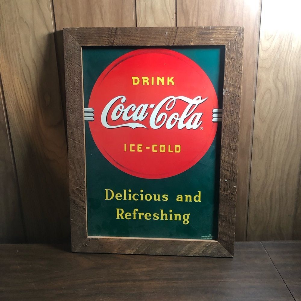 Vintage 1989 Coca-Cola Green and Gold Metal  Framed Sign